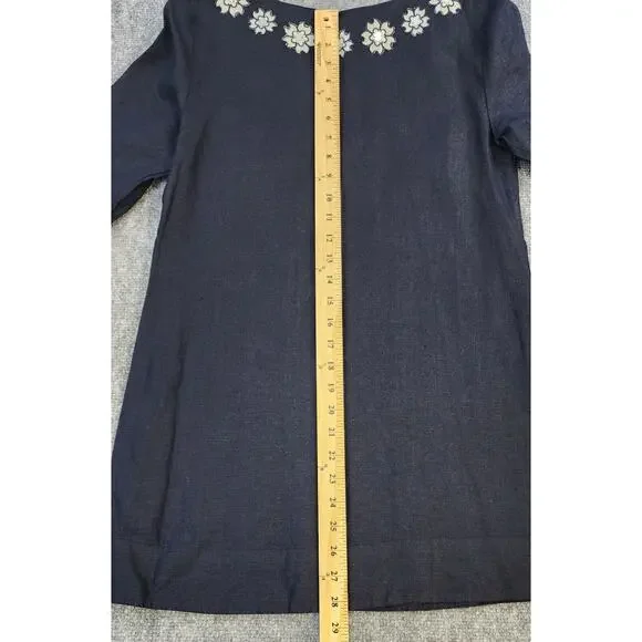 J Crew Top Womens 0 Blue Navy Linen Embroider Sequin Pullover Boho Coastal Y2K - Picture 5 of 12
